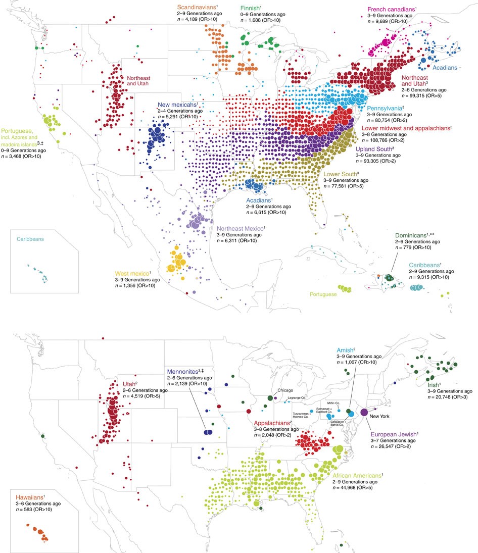 Distribution of ancestral birth locations in North America associated with IBD clusters